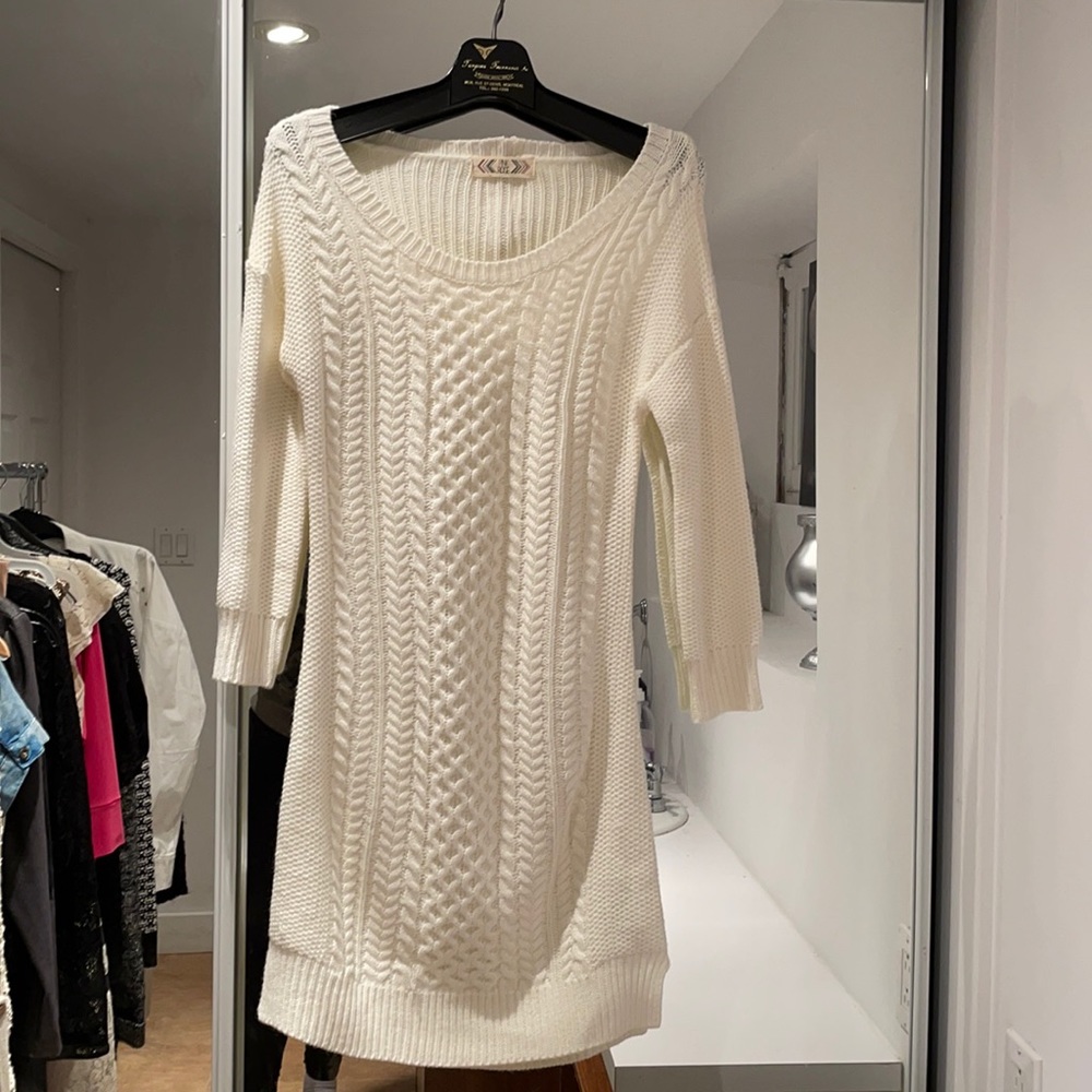 White sweater dress with short zipper on back, little slit on sides.
